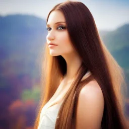 avatar of a beautiful Hungarian woman with clear features with a magical feel with light brown long hair with nature background