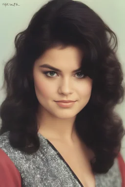 1980's yearbook photo, teenage girl, Ariel Winter, 18 years old, black hair, 80's hairstyle, photorealistic, --ar 9:16 --style raw,