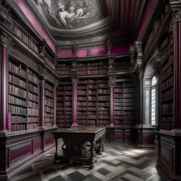 A grayish magenta library filled with magical books painted by Michelangelo di Lodovico Buonarroti Simoni