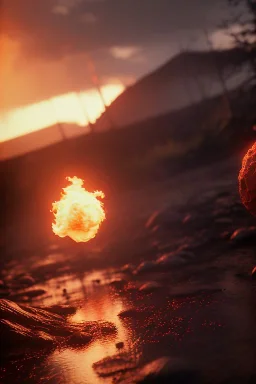 photo of a ultra realistic fire ball, dramatic light, pale sunrise, cinematic lighting, battered, low angle, trending on artstation, 4k, hyper realistic, focused, extreme details, unreal engine 5, cinematic, masterpiece, art by studio ghibli, intricate artwork by john william turner