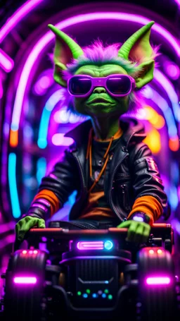 portrait of Hairy Gremlin pimp ninja cyber yoga punk in flying hipster tractor parked in dark tron neon lit tunnel,bokeh like f/0.8, tilt-shift lens 8k, high detail, smooth render, down-light, unreal engine, prize winning