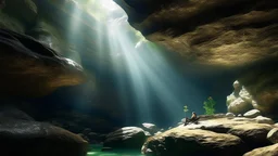 The image depicts a serene natural landscape within a cave. Sunlight streams through openings in the rocky ceiling, illuminating the interior and creating a shimmering effect on the water below. Visible in the foreground is a turtle resting in the calm water, while the rocky walls and textures add depth to the scene. Waterfall-like formations can be seen cascading down the rocks. The overall atmosphere conveys a peaceful and tranquil setting.