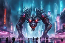 cities of the future cyberpunk in the center of the monster stands on its hind legs