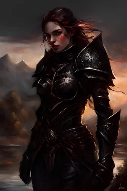 A formidable warrior girl in black armor, on the background Amazing gloomy landscape, flooded with sunset, mountains, trees, fabulous scary hero, , juicy emotions, painting, dark fantasy, gloomy day, dark world, portrait, by James Paick & Anna Razumovskaya