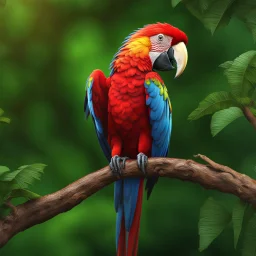 Scarlet Macaw bird, trees, ultra quality, hyper detailed, digital art, 3D 8k