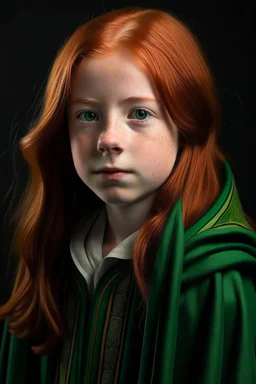 A 12 years old girl with red hair and green eyes and she is wearing a Hogwarts robe