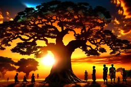 a large baobab tree with a glowing spiral portal in the trunk with the silhouettes of people dancing around a drum circle with a colorful realistic sunset in the background Rembrandt lighting