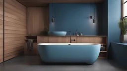Comfortable bathtub and vanity with basin standing in modern bathroom black blue and wooden walls and concrete floor.Side view.