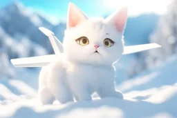 cute chibi anime frightened cat, crashed airplane in the snowy mountains in sunshine, ethereal, cinematic postprocessing, bokeh, dof