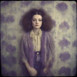 Sylvia sidney Hippie girl, jeans, purple fur, striped wallpaper, old autochrome