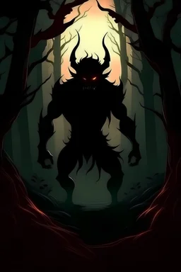Realistic style shadow demon in the middle of dark woods.