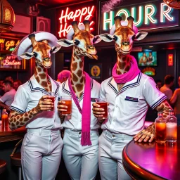 very Gay Giraffes sailors with white shirts, tight pants, happy tail and berets standing in a bar drinking drinks with umbrellas, pride, makeup, smoking cigaretts, smiling, sparkling eyes, very happy, after dark, pink scarf, happy hour drinks neon signs, necking, happy cock hour, pride, pride and pride