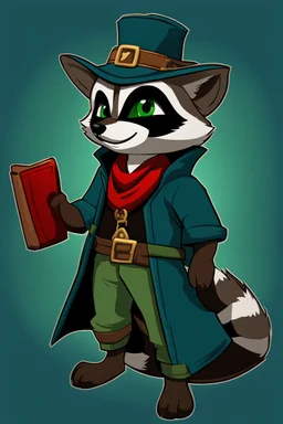 Remy is a raccoon with charcoal-gray fur and emerald-green eyes. He has a black mask-like pattern around his eyes. He wears a tattered dark blue bandit's outfit with a red sash and a feathered hat. Additionally, he carries a leather pouch for stolen treasures. This description is suitable for creating an image in the style of "Sly Cooper: Thieves in Time."