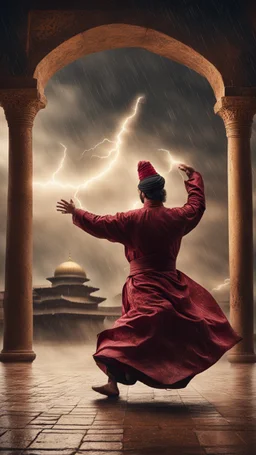 Hyper Realistic photographic-view of a Sufi Whirling with Golden & Maroon Islamic Sufi Rustic Grungy Background with thunderstorm at heavy rainy night outside an ancient Islamic architectural building showing dramatic & cinematic ambiance.