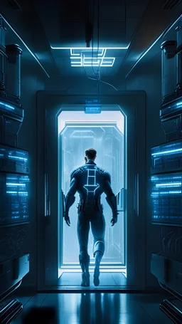 Craft an image of Steve Rogers entering a high-tech laboratory with futuristic equipment and illuminated displays. The lighting should be dim yet accentuate the advanced technology, generating a sense of awe and curiosity.