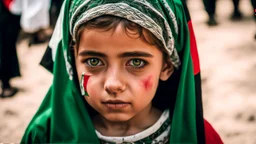 A girl wearing a Palestinian dress with tears in her eyes Her eye color is green Its color is brown Carrying the Palestinian flag
