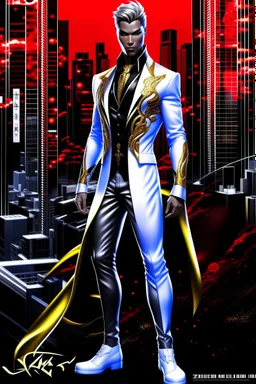 Striking hyper-realistic anime illustration of a powerful male protagonist, dressed in a white, red, black and gold outfit. Featuring obsidian patterns with gold details and the edges emit fascinating energy. Muscular physique accentuated with sleek lines and details. Futuristic cityscape background. Masterpiece of art that combines anime and science fiction aesthetics. Poster-worthy cinematic illustration. Full body