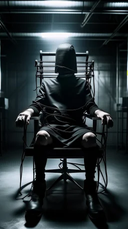 Electrical chair for death sentence, a man sitting on the electrical chair with a black bag covering his face and arms tied to the chairs arms in trajectory theme