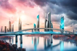 Dreamlike Skyline of Downtown futuristic hightech city in 4050 and a stunning futuristic Bridge During. dark grey and black clouds , storm, dark azur color river, cold colors, come storm, rain, high detalied, sci-fi, landscape