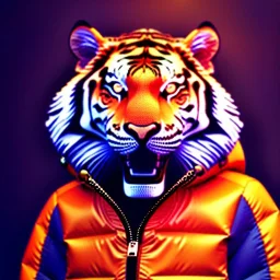 Tiger toddler, smile, steampunk headphone, sunglass, gangsta neckless, full body, orange puffer jacket, tokio background, dramatic lighting, hyper realistic, unreal engine 5, 16k