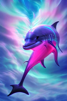 blue silver dolphin radiating pink swirling water with neon fish inside a purple solar flare moody realistic moody clouds ultra detailed 8k