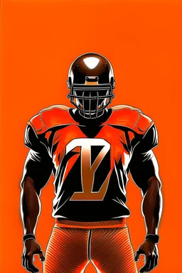 Silhouette of a football linebacker with a punisher skull on front of jersey instead of numbers, orange background, photorealistic