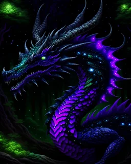 The deity dragon of the dark and enchanted forest realm is a majestic and fearsome creature. Its scales are as black as the night sky, shimmering with a subtle iridescence that hints at its magical nature. Luminescent eyes, glowing with an eerie shade of purple, peer out from beneath a crown of antler-like horns adorned with intricate patterns and mystical runes. Moss and leaves interweave between its scales, allowing it to blend seamlessly into the forest environment.