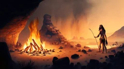 Paleolithic landscape with man and fire