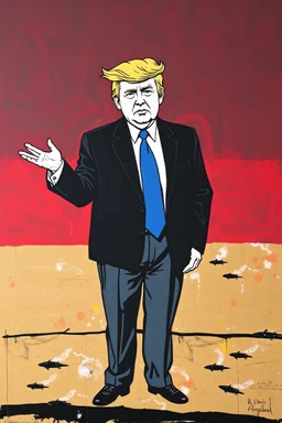 trump standing in gaza in the style of basqiat