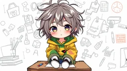 detailed digital art style, cute anime, detailed chibi face, sitting on school desk in colorful modern-fantasy clothes , messy hair random drawing background, childbook style, highly detailed no photorealism