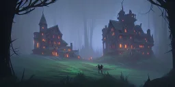 Ruined overgrown small castle in a dense coniferous forest, dynamic lighting, night, misty