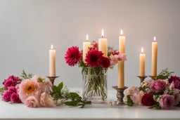 flowers and candles on white background stock photo Camera settings : Full-frame , 100mm lens, f/1.2 aperture, ISO 100, shutter speed 60 seconds. Cinematic lighting, Unreal Engine 5, Cinematic, Color Grading, real time Photography, Shot on 70mm lense, Depth of Field, DOF, Tilt Blur, Shutter Speed 1/2500, F/13, White Balance, 45k, Super-Resolution, Megapixel , ProPhoto RGB, VR, tall, epic Lighting, Backlight, Natural Lighting, Incandescent, Optical Fiber, Moody Lighting, Cinematic Lighting