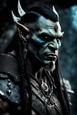 portrait of an orc king with grey skin. Tribal Tattoo. Dark braided hair and ice blue eyes. He's smirking. Half of his head is shaved. wearing jewellery. Carrying a battleaxe. High resolution. 4K. 8K. Dark Fantasy style. Cave in the background