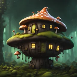 A funny floating mushroom house in space. neutral colors, black yellow green, Detailed gloss Painting, rich color, fantastical, intricate detail, splash screen, hyperdetailed, insane depth, concept art, 8k resolution, trending on Artstation, Unreal Engine 5, color depth, dynamic lighting, splash art, dramatic, masterpiece, excellent quality beautiful Fun Imaginative, unique, great composition