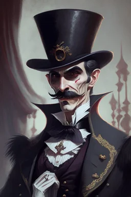 Strahd von Zarovich with a handlebar mustache wearing a top hat giving thanks