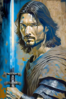 painting of an ancient aegean sword-fighter. concept art in the style of albrecht dürer leonardo da vinci Rembrandt Botticelli. in tve likeness of keanu reeves ben barnes taylor kitsch jared leto