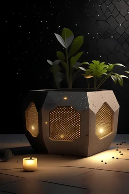 Generate an AI image of a hexagonal concrete planter adorned with constellation cut-outs, with a mini lamp creating celestial patterns.