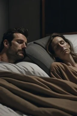 a man sleeping in a bed with a woman next to him sitting up