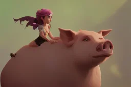 a tiny female fairy on top of a large pig