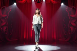 modern stage with dark red theme artistic decoration , color full dynamic lighting, a beautiful lady in pants and blouse with shining silver jewels sport shoes walking to camera, 3D recursive fractal structure animating background