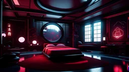 Cyberpunk luxury huge bedroom. very huge bed circle Detailed. Rendered in Unity. Japanese elements. Black and red lighting. Holograms. add a sakura tree into the room. Add a japanese katana in the wall and a gaming pc, samurai armor, cyberpunk big city, huge window, night, red curtain