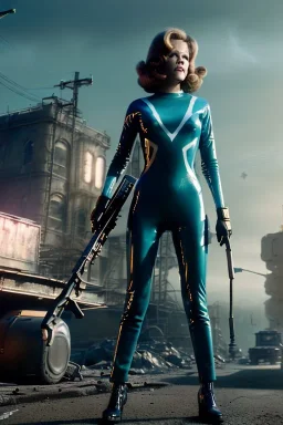 retro sci-fi press image, supermarket explosions from 1960, sweet young Jane Fonda, tight latex suit, weapon, fighting stance, soft color, highly detailed, unreal engine 5, ray tracing, RTX, lumen lighting, ultra detail, volumetric lighting, 3d, finely drawn, high definition, high resolution.