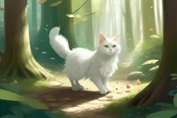 Generate an image of furry white cat walking through a forest filled with tall trees and dappled sunlight. Show furry cat interacting with various woodland creatures like squirrels, rabbits, and birds in separate vignettes.