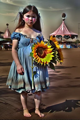 solemn girl in a worn blue dress stands barefoot in a dusty carnival setting, holding a sunflower. A carousel and faded tents loom in the background, with shadowy horses nearby.