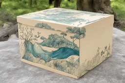 a box for storing things with beautiful drawings on it, sea, trees,