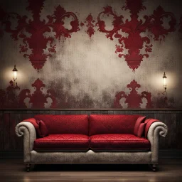 Hyper Realistic Dark Fancy Lounge with Fancy Couch & Grungy Red Damask Texture on Rustic off-white Wall with peeling & vignette effect at night