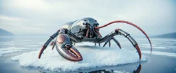 airbrush 3d rendering, frontal close up perspective chrome centipede lobster space ship on small frozen island in lake, pinhole cam, background motion blur