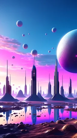 beautiful alien city. large planets in sky