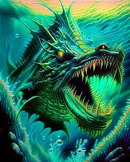 90's TCGn retro fantasy art of a sea monster under the water