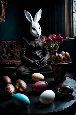 horrori figure in rabbit mask sitting on the floor and eating chocolate around chocolate eggs, brocken vase with flowers, volumetric light, dark colors, surreal dark mood